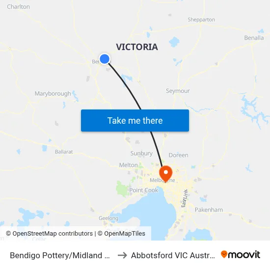 Bendigo Pottery/Midland Hwy to Abbotsford VIC Australia map