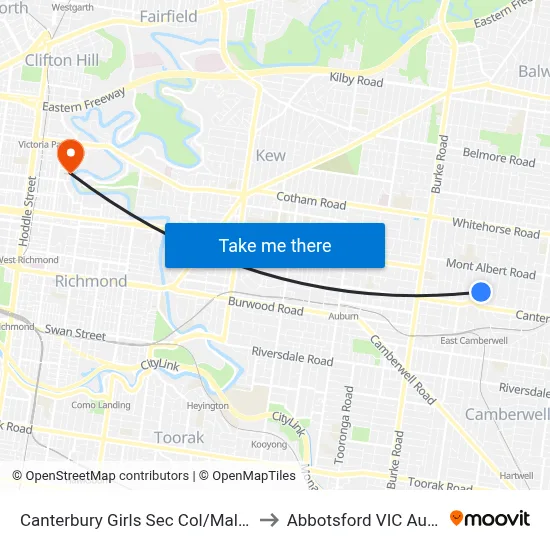 Canterbury Girls Sec Col/Malacca Rd to Abbotsford VIC Australia map