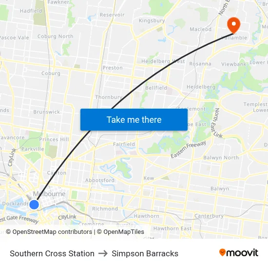 Southern Cross Station to Simpson Barracks map
