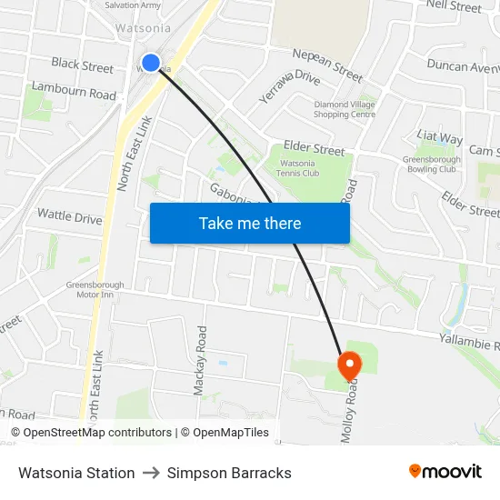 Watsonia Station to Simpson Barracks map