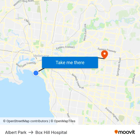 Albert Park to Box Hill Hospital map