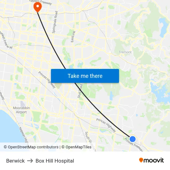 Berwick to Box Hill Hospital map