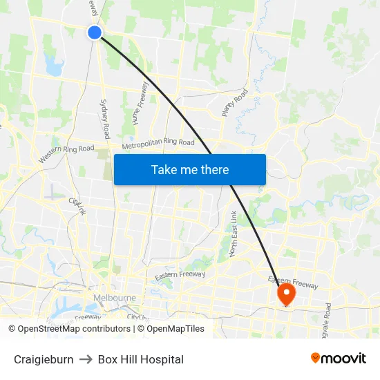 Craigieburn to Box Hill Hospital map