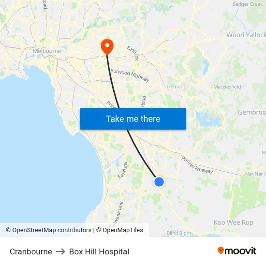 Cranbourne to Box Hill Hospital map