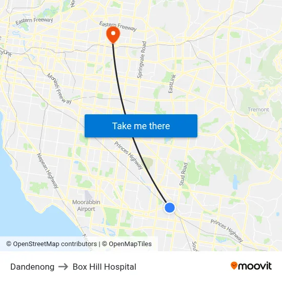 Dandenong to Box Hill Hospital map