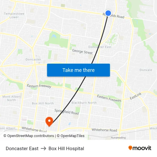 Doncaster East to Box Hill Hospital map