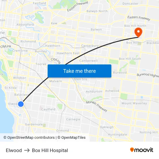 Elwood to Box Hill Hospital map