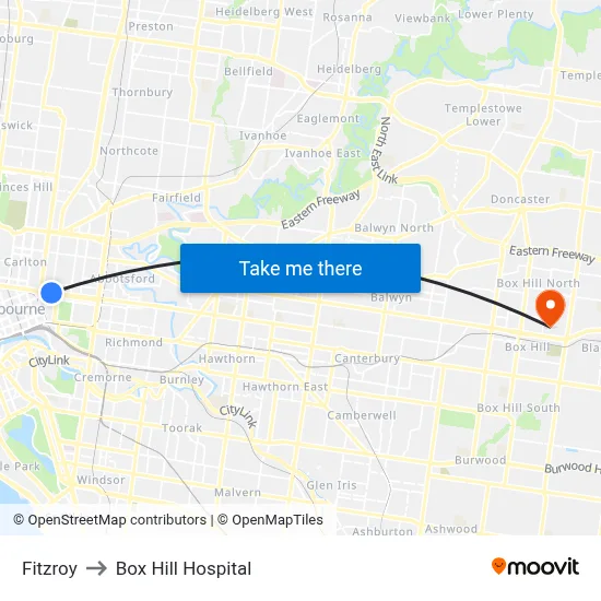 Fitzroy to Box Hill Hospital map