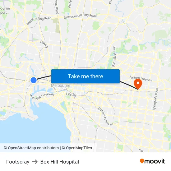 Footscray to Box Hill Hospital map