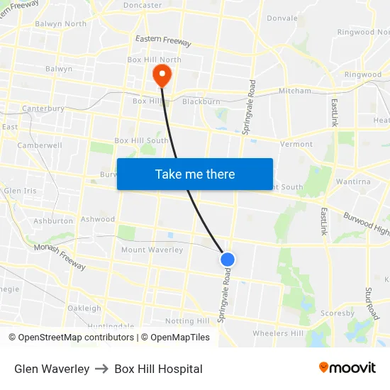 Glen Waverley to Box Hill Hospital map