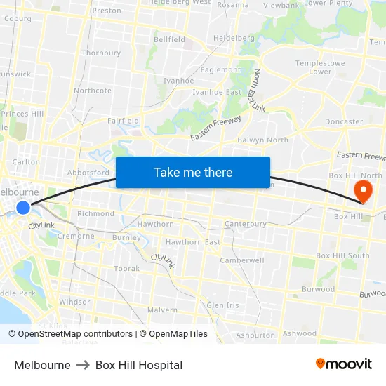 Melbourne to Box Hill Hospital map
