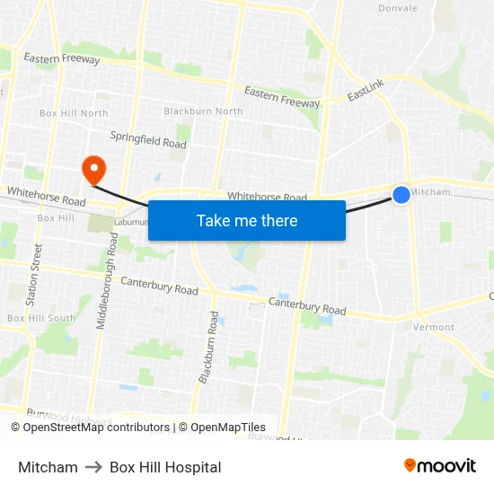Mitcham to Box Hill Hospital map