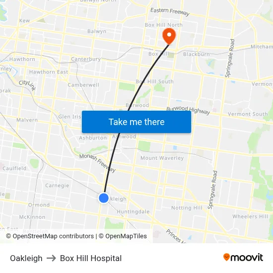 Oakleigh to Box Hill Hospital map
