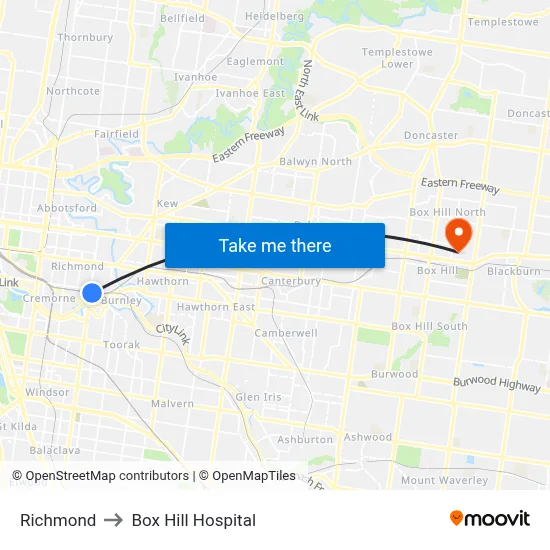 Richmond to Box Hill Hospital map