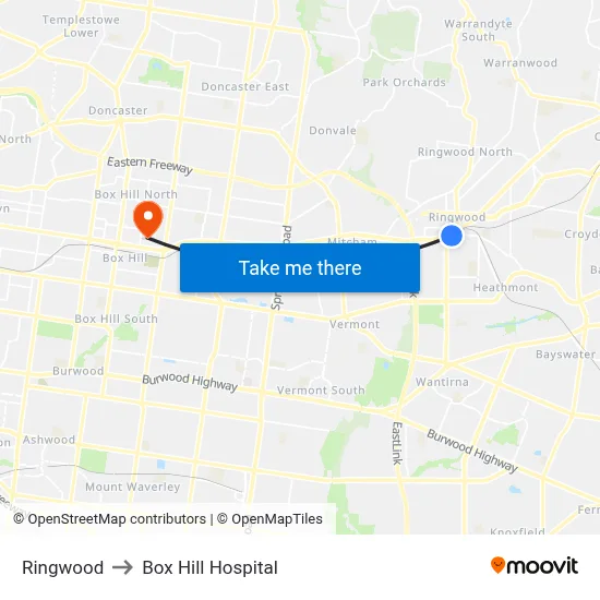 Ringwood to Box Hill Hospital map