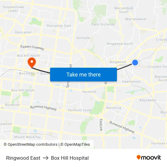 Ringwood East to Box Hill Hospital map