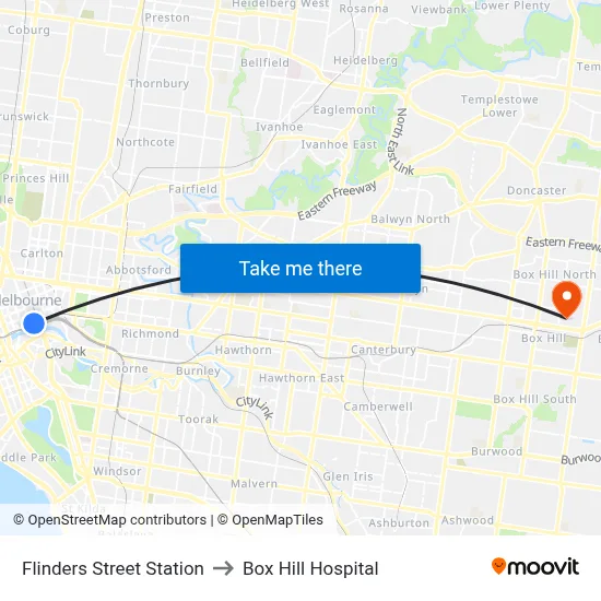 Flinders Street Station to Box Hill Hospital map