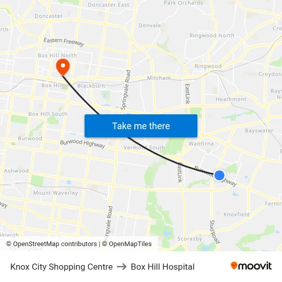 Knox City Shopping Centre to Box Hill Hospital map
