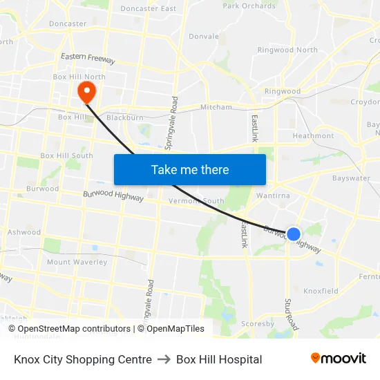 Knox City Shopping Centre to Box Hill Hospital map