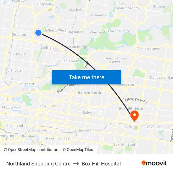 Northland Shopping Centre to Box Hill Hospital map