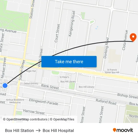 Box Hill Station to Box Hill Hospital map
