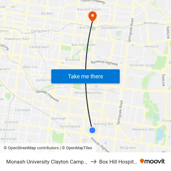 Monash University Clayton Campus to Box Hill Hospital map