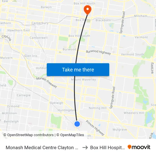 Monash Medical Centre Clayton Rd to Box Hill Hospital map