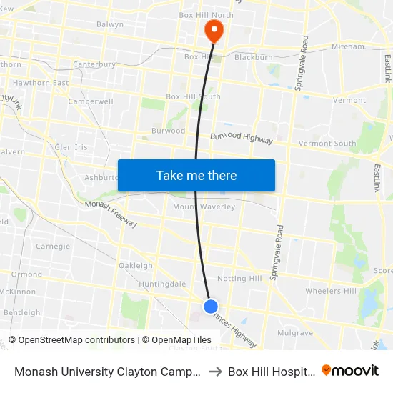 Monash University Clayton Campus to Box Hill Hospital map