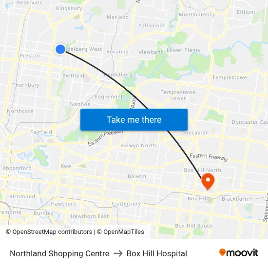 Northland Shopping Centre to Box Hill Hospital map