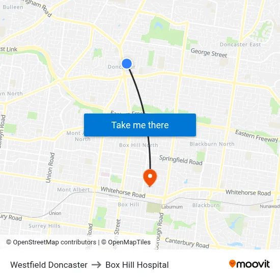 Westfield Doncaster to Box Hill Hospital map