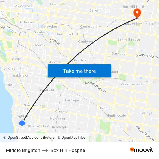 Middle Brighton to Box Hill Hospital map