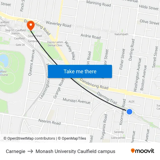 Carnegie to Monash University Caulfield campus map