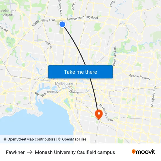 Fawkner to Monash University Caulfield campus map