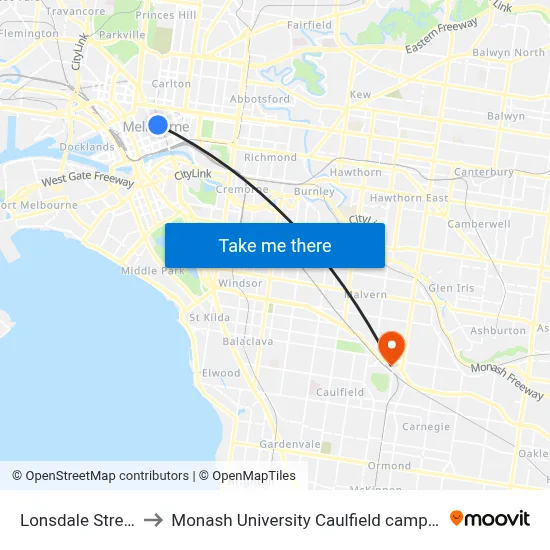 Lonsdale Street to Monash University Caulfield campus map