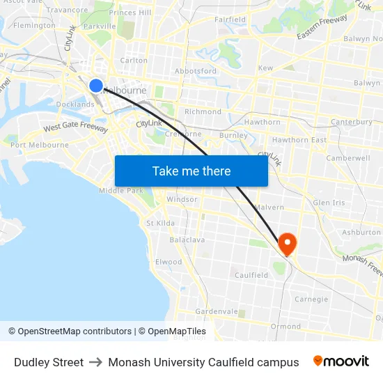 Dudley Street to Monash University Caulfield campus map