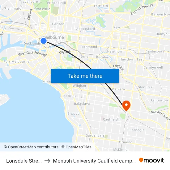 Lonsdale Street to Monash University Caulfield campus map