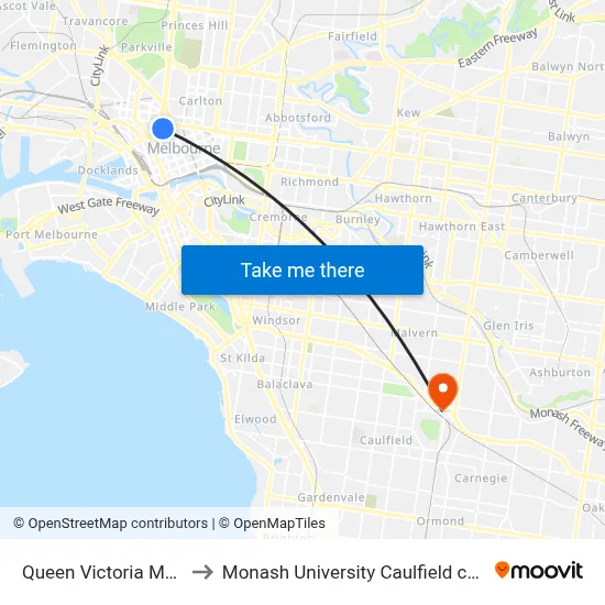 Queen Victoria Market to Monash University Caulfield campus map