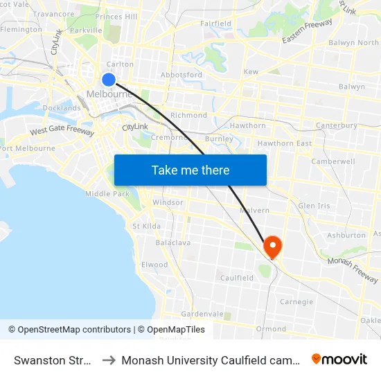 Swanston Street to Monash University Caulfield campus map