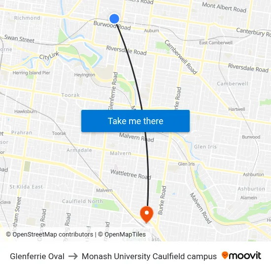 Glenferrie Oval to Monash University Caulfield campus map