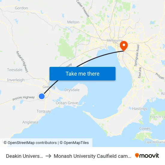 Deakin University to Monash University Caulfield campus map