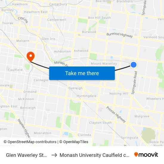 Glen Waverley Station to Monash University Caulfield campus map