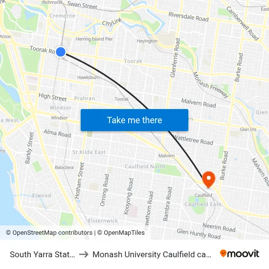 South Yarra Station to Monash University Caulfield campus map