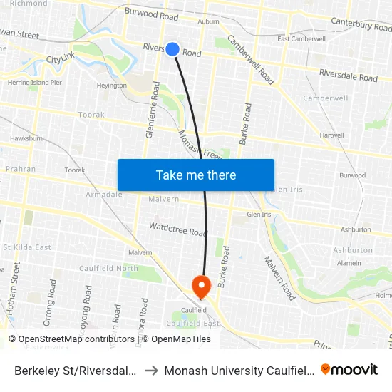 Berkeley St/Riversdale Rd #33 to Monash University Caulfield campus map