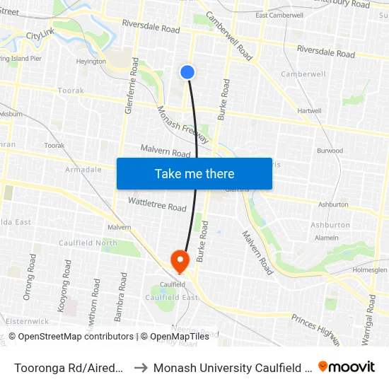Tooronga Rd/Airedale Ave to Monash University Caulfield campus map