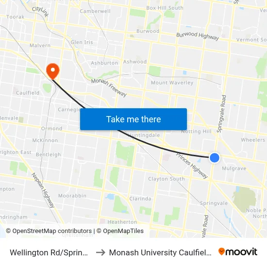 Wellington Rd/Springvale Rd to Monash University Caulfield campus map