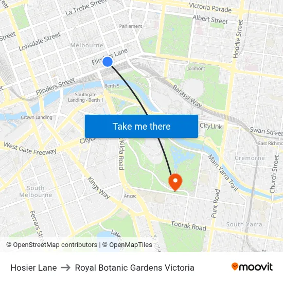 Hosier Lane to Royal Botanic Gardens Victoria map