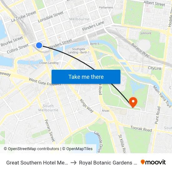 Great Southern Hotel Melbourne to Royal Botanic Gardens Victoria map