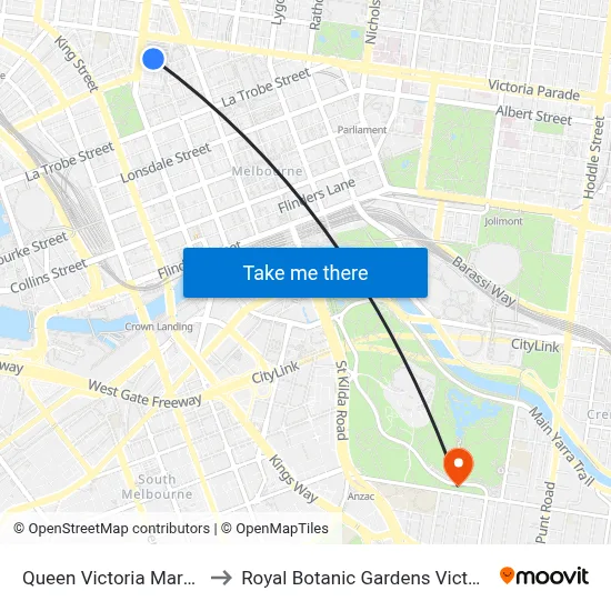 Queen Victoria Market to Royal Botanic Gardens Victoria map