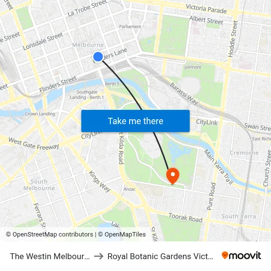 The Westin Melbourne to Royal Botanic Gardens Victoria map