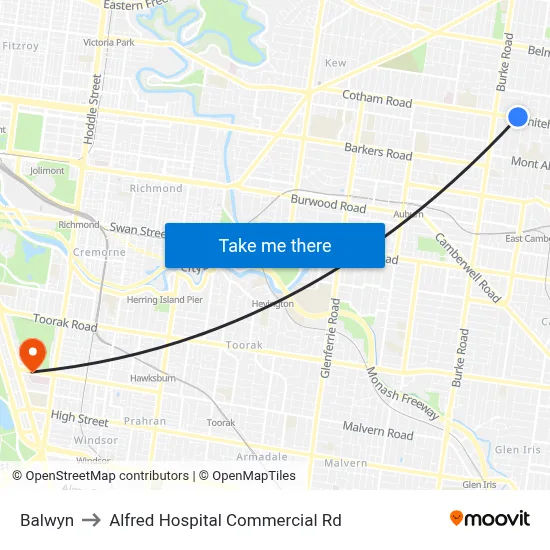 Balwyn to Alfred Hospital Commercial Rd map